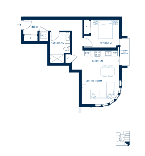 Floor plan for 1 bed, 1 bath, 663 sqft